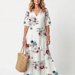 Abito Midi con Fiori Sparsi e Nastro a Frange