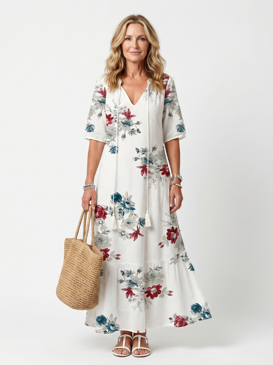 Abito Midi con Fiori Sparsi e Nastro a Frange