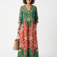 Vestito Midi con Stampa Mista e Scollatura a V
