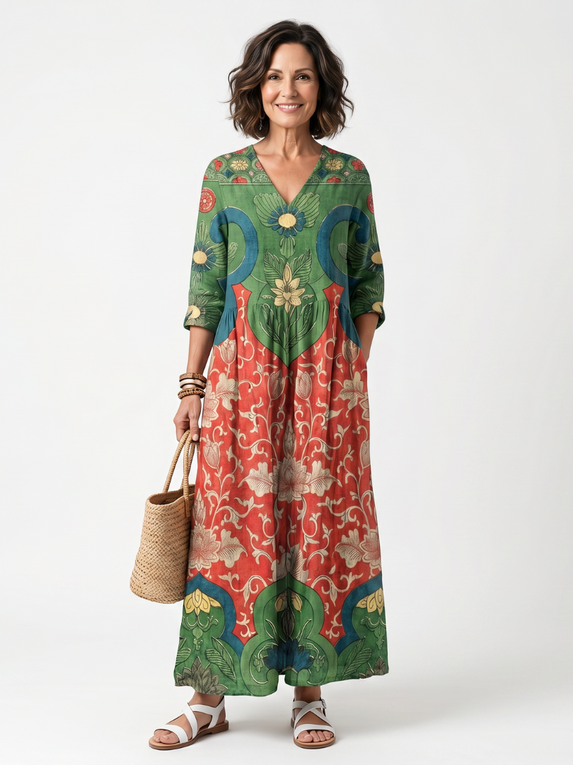 Vestito Midi con Stampa Mista e Scollatura a V