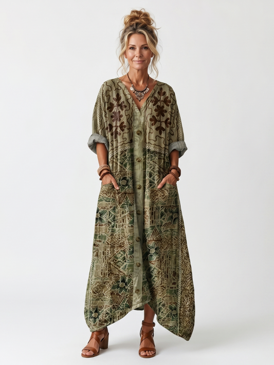Vestito Midi Oversized con Tasche e Bottoni