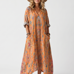 Abito Midi Oversize con Tasche e Collo a V Stampato