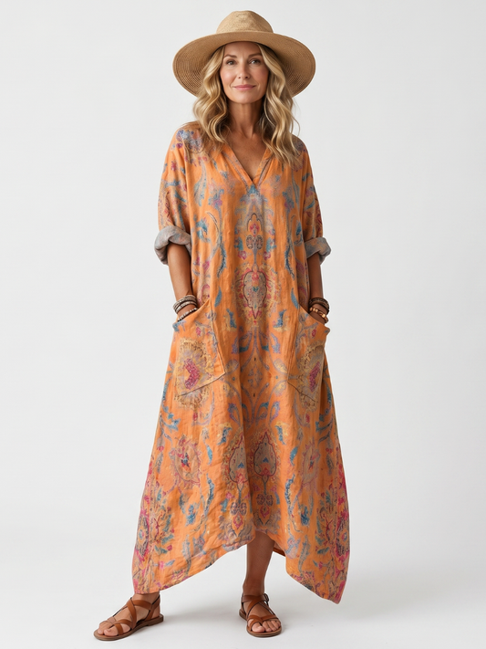 Abito Midi Oversize con Tasche e Collo a V Stampato