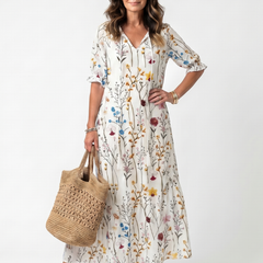 Abito Midi con Stampa Botanica e Fiocchi