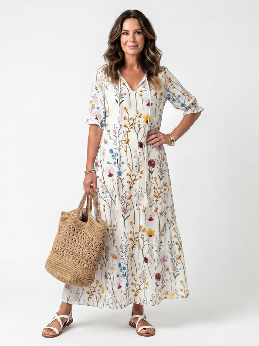 Abito Midi con Stampa Botanica e Fiocchi
