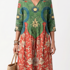 Vestito Midi con Stampa Mista e Scollatura a V
