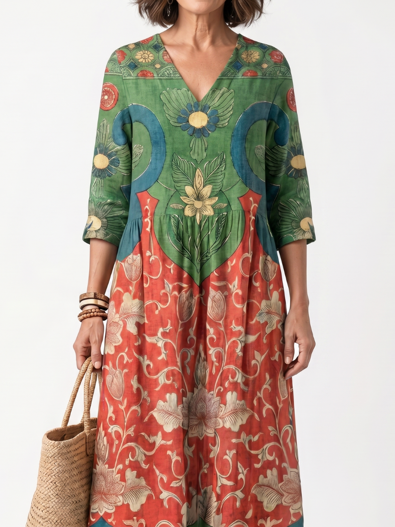 Vestito Midi con Stampa Mista e Scollatura a V