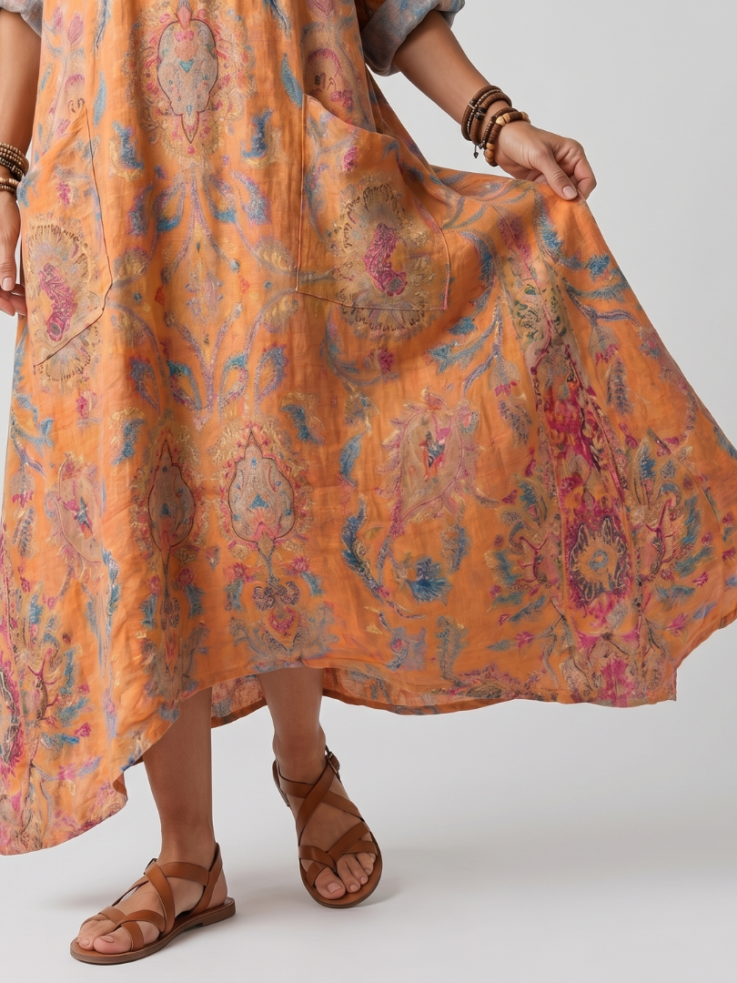 Abito Midi Oversize con Tasche e Collo a V Stampato