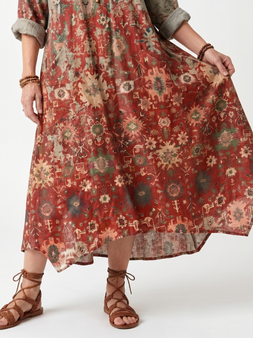 Abito Midi Relaxed con Motivo Misto e Tasche