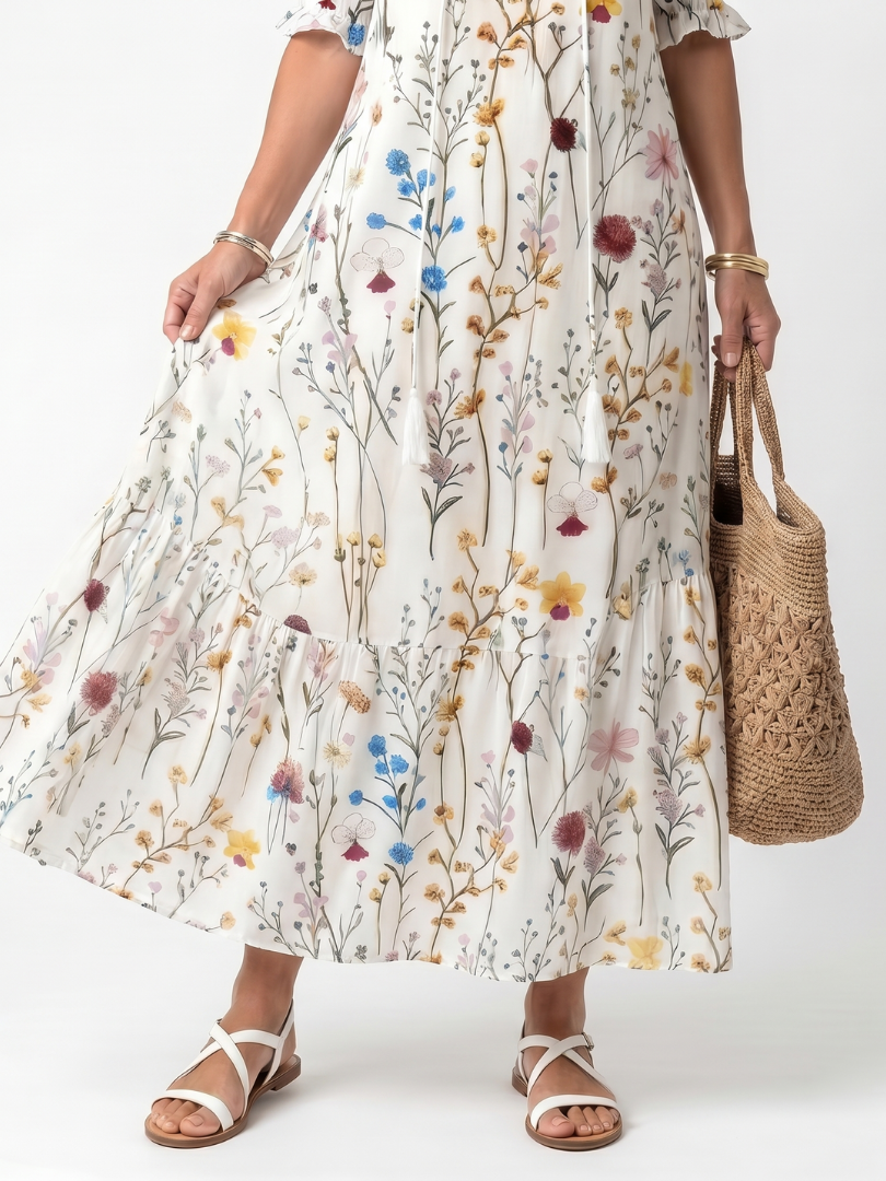 Abito Midi con Stampa Botanica e Fiocchi