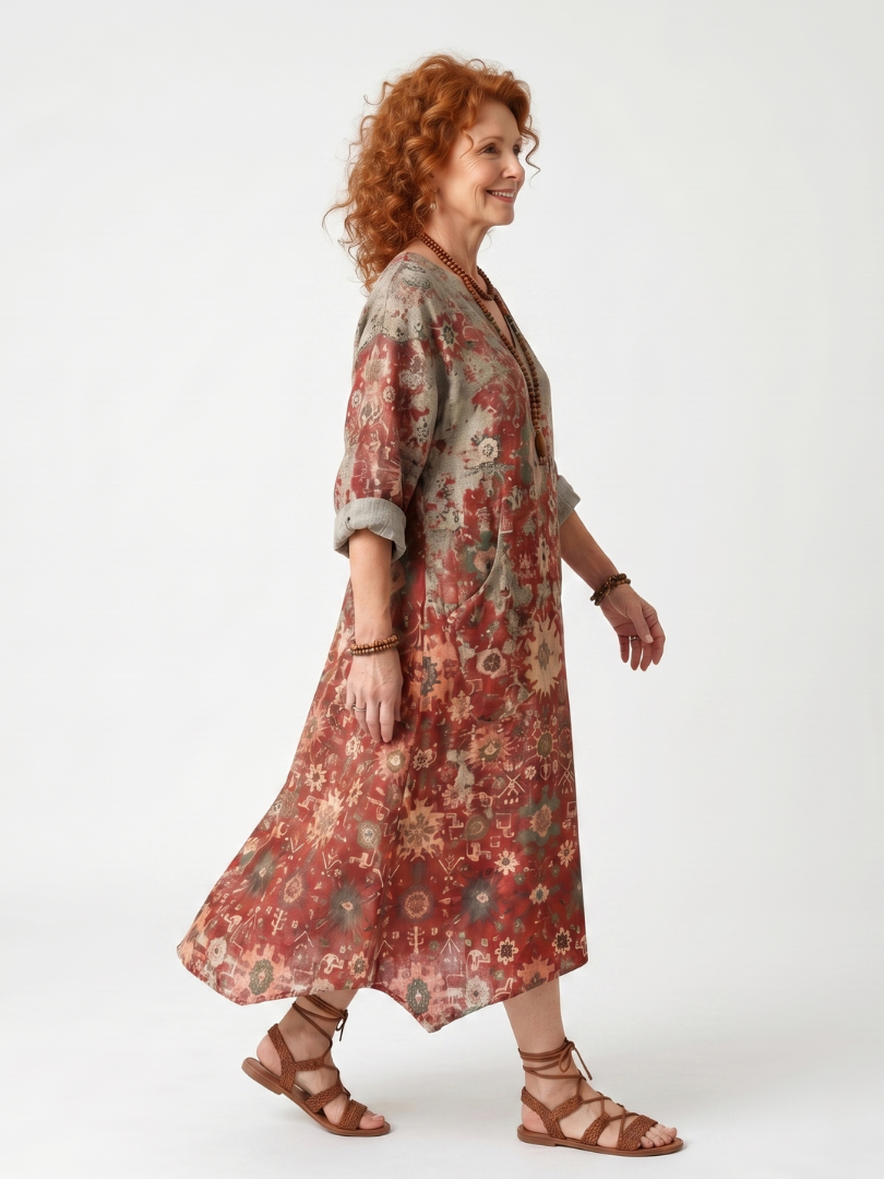 Abito Midi Relaxed con Motivo Misto e Tasche