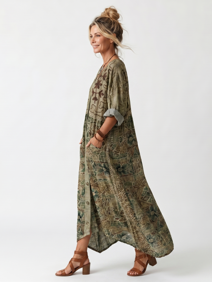 Vestito Midi Oversized con Tasche e Bottoni