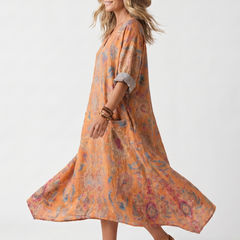 Abito Midi Oversize con Tasche e Collo a V Stampato