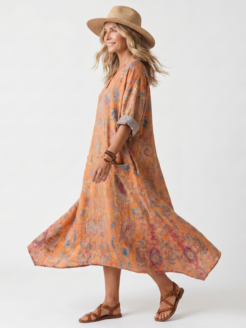 Abito Midi Oversize con Tasche e Collo a V Stampato