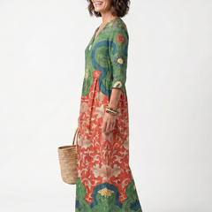 Vestito Midi con Stampa Mista e Scollatura a V