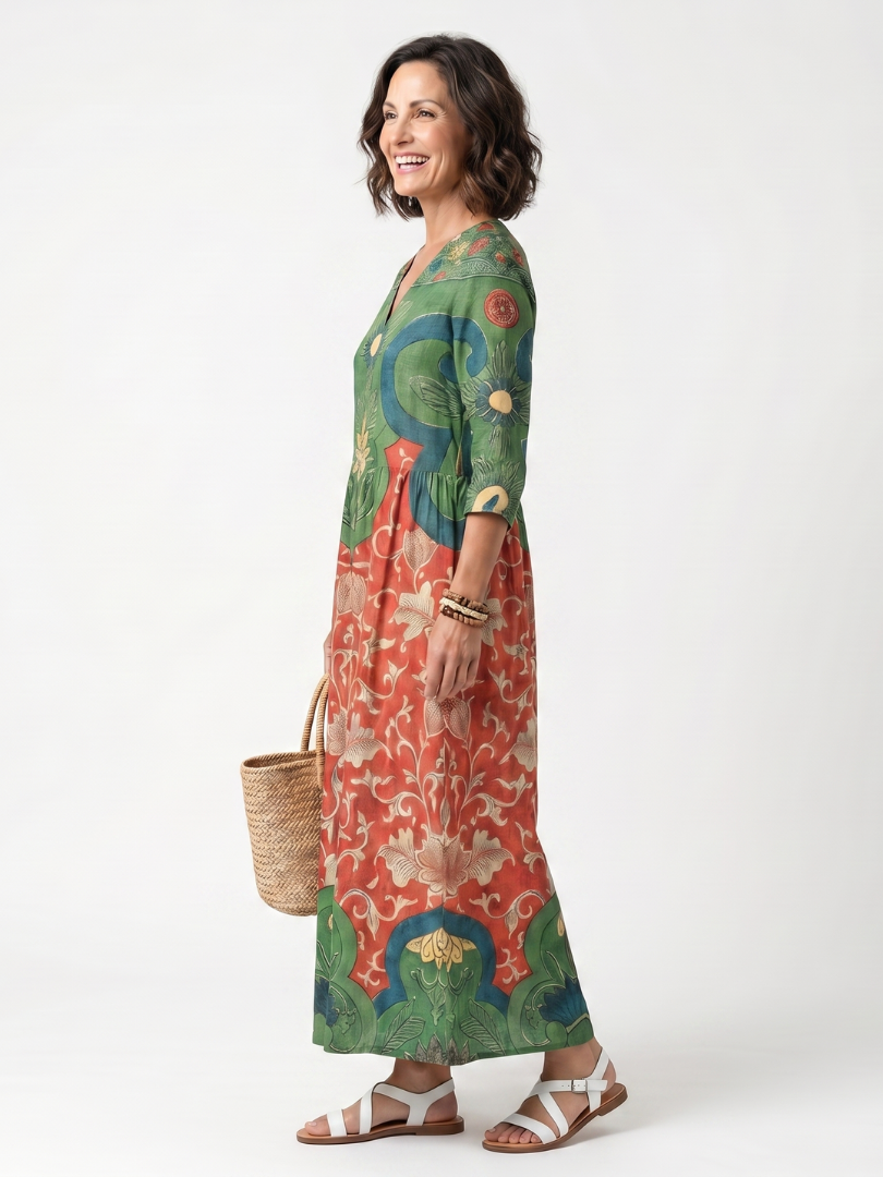 Vestito Midi con Stampa Mista e Scollatura a V