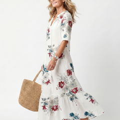 Abito Midi con Fiori Sparsi e Nastro a Frange