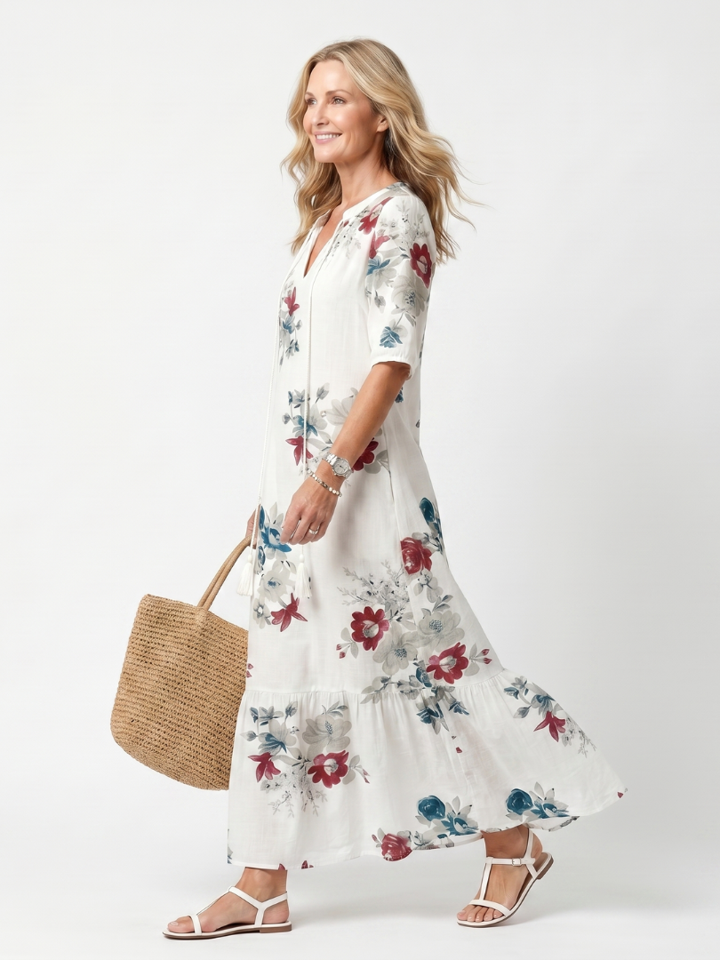 Abito Midi con Fiori Sparsi e Nastro a Frange