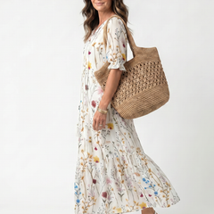 Abito Midi con Stampa Botanica e Fiocchi