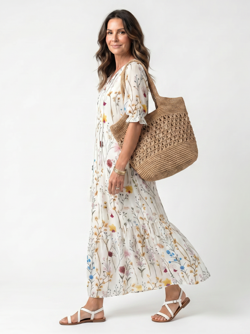 Abito Midi con Stampa Botanica e Fiocchi