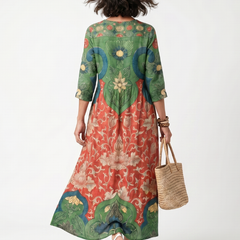 Vestito Midi con Stampa Mista e Scollatura a V