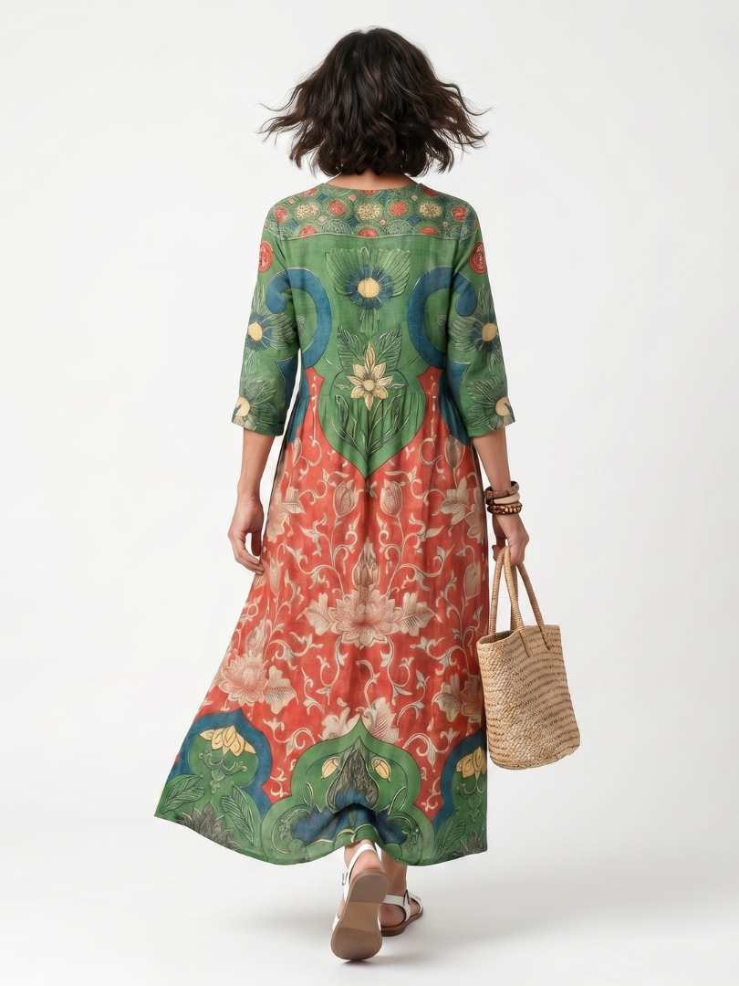 Vestito Midi con Stampa Mista e Scollatura a V