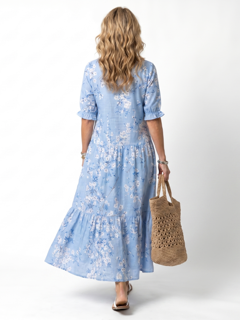 Abito Midi con Stampa Floreale e Nastrini