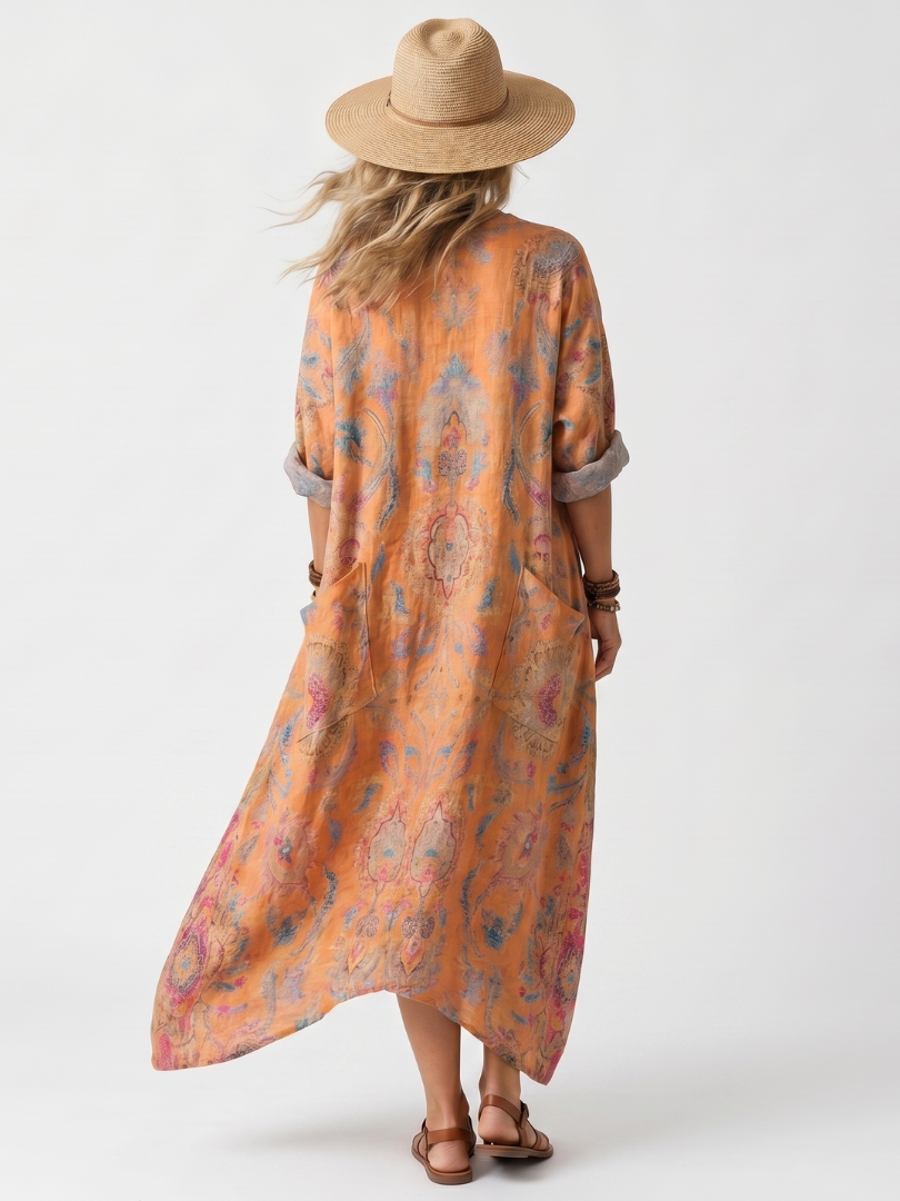 Abito Midi Oversize con Tasche e Collo a V Stampato