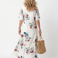 Abito Midi con Fiori Sparsi e Nastro a Frange