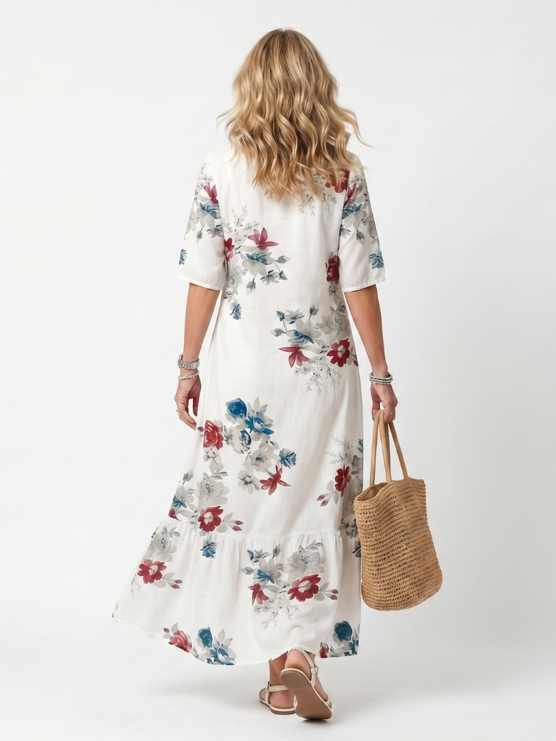 Abito Midi con Fiori Sparsi e Nastro a Frange