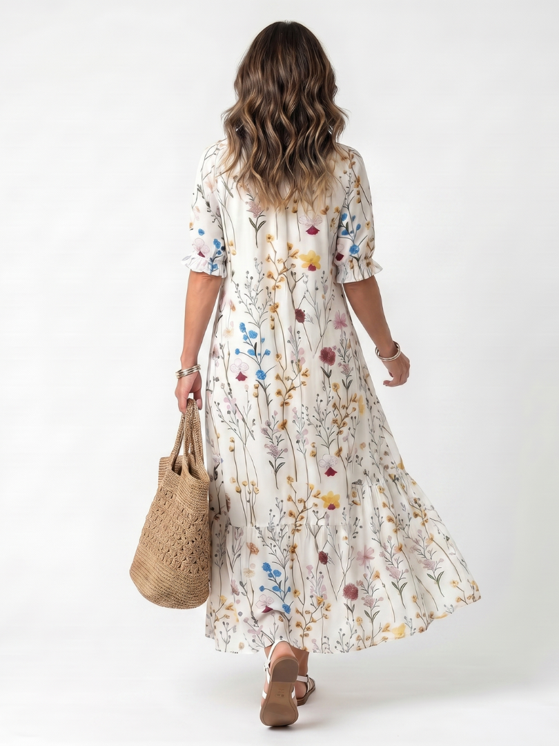 Abito Midi con Stampa Botanica e Fiocchi